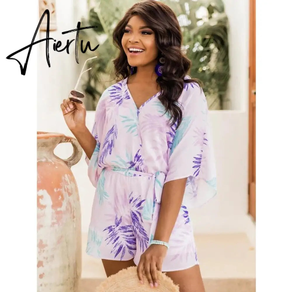 Leaf Print White Batwing Sleeve Rompers Overalls Summer Autumn Sash Wide Leg Beach Boho Playsuit  Romper Aiertu