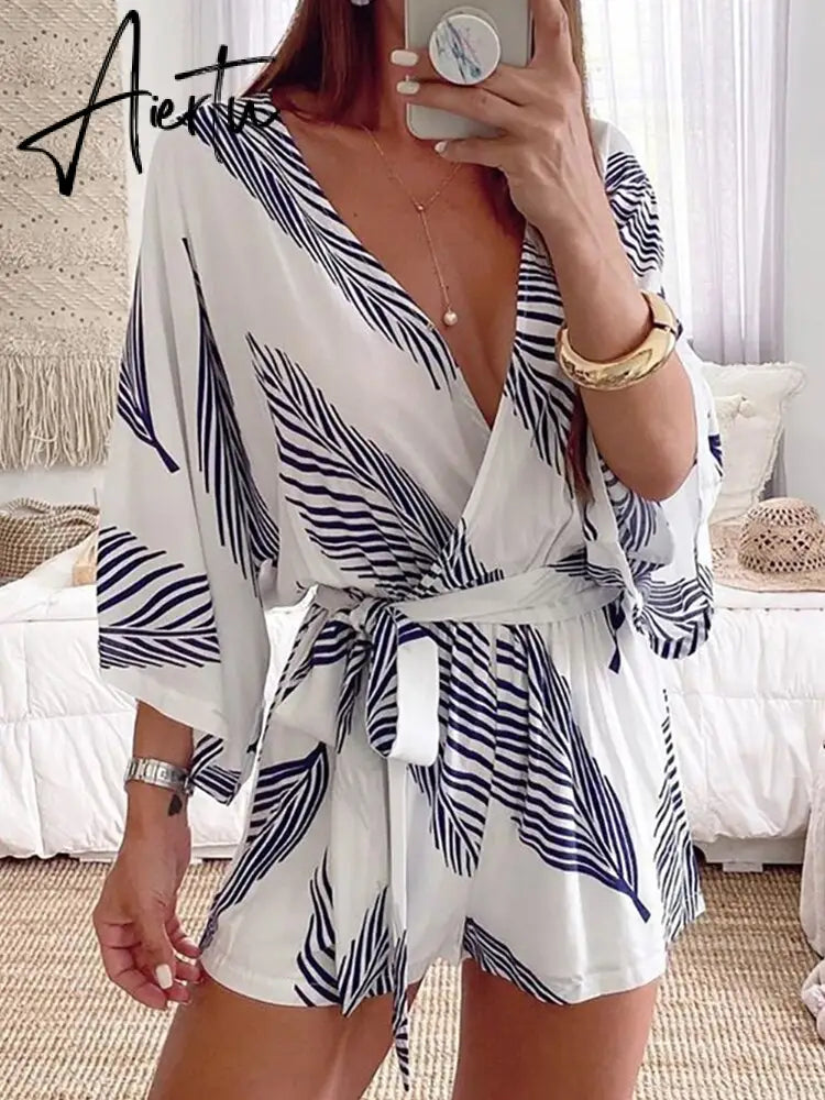 Leaf Print White Batwing Sleeve Rompers Overalls Summer Autumn Sash Wide Leg Beach Boho Playsuit  Romper Aiertu