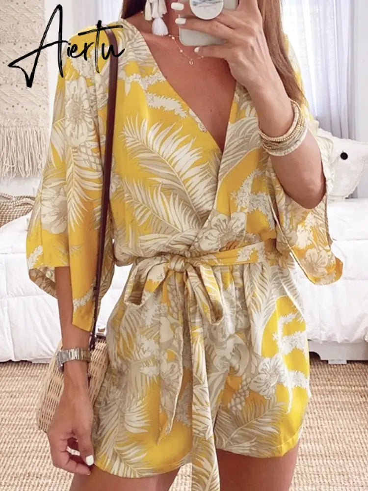 Leaf Print White Batwing Sleeve Rompers Overalls Summer Autumn Sash Wide Leg Beach Boho Playsuit  Romper Aiertu