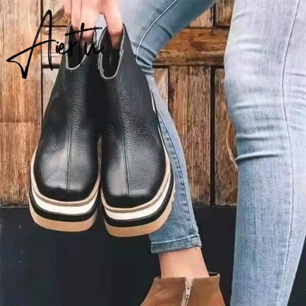 Leather Boots Women Platform Heels Ankle Boots Wedges Casual Fashion Booties Woman Punk Thick Bottom Shoes Zapatos De Mujer Aiertu