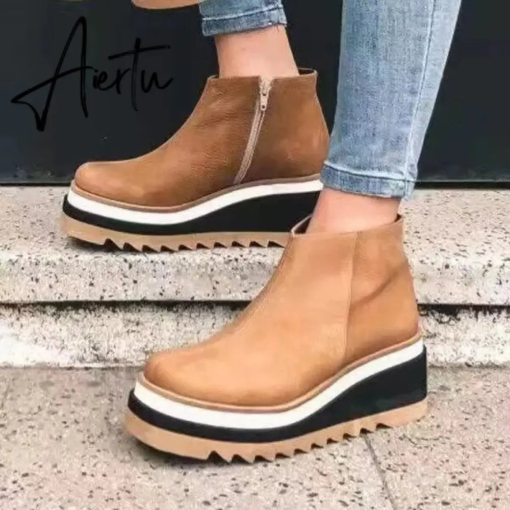 Leather Boots Women Platform Heels Ankle Boots Wedges Casual Fashion Booties Woman Punk Thick Bottom Shoes Zapatos De Mujer Aiertu