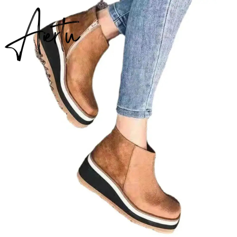 Leather Boots Women Platform Heels Ankle Boots Wedges Casual Fashion Booties Woman Punk Thick Bottom Shoes Zapatos De Mujer Aiertu