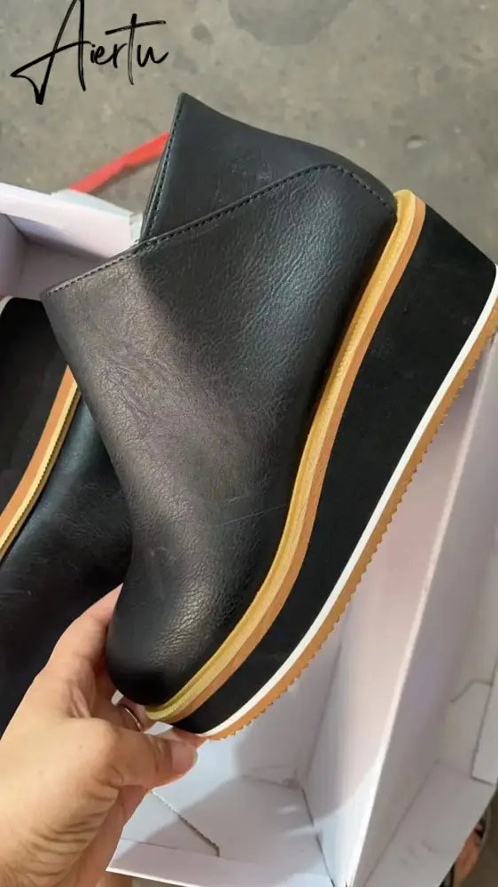 Leather Boots Women Platform Heels Ankle Boots Wedges Casual Fashion Booties Woman Punk Thick Bottom Shoes Zapatos De Mujer Aiertu