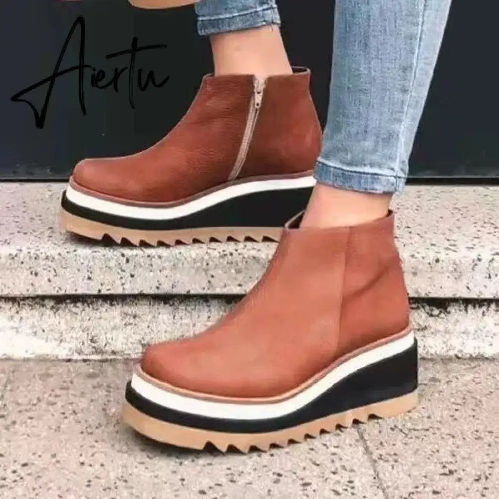 Leather Boots Women Platform Heels Ankle Boots Wedges Casual Fashion Booties Woman Punk Thick Bottom Shoes Zapatos De Mujer Aiertu