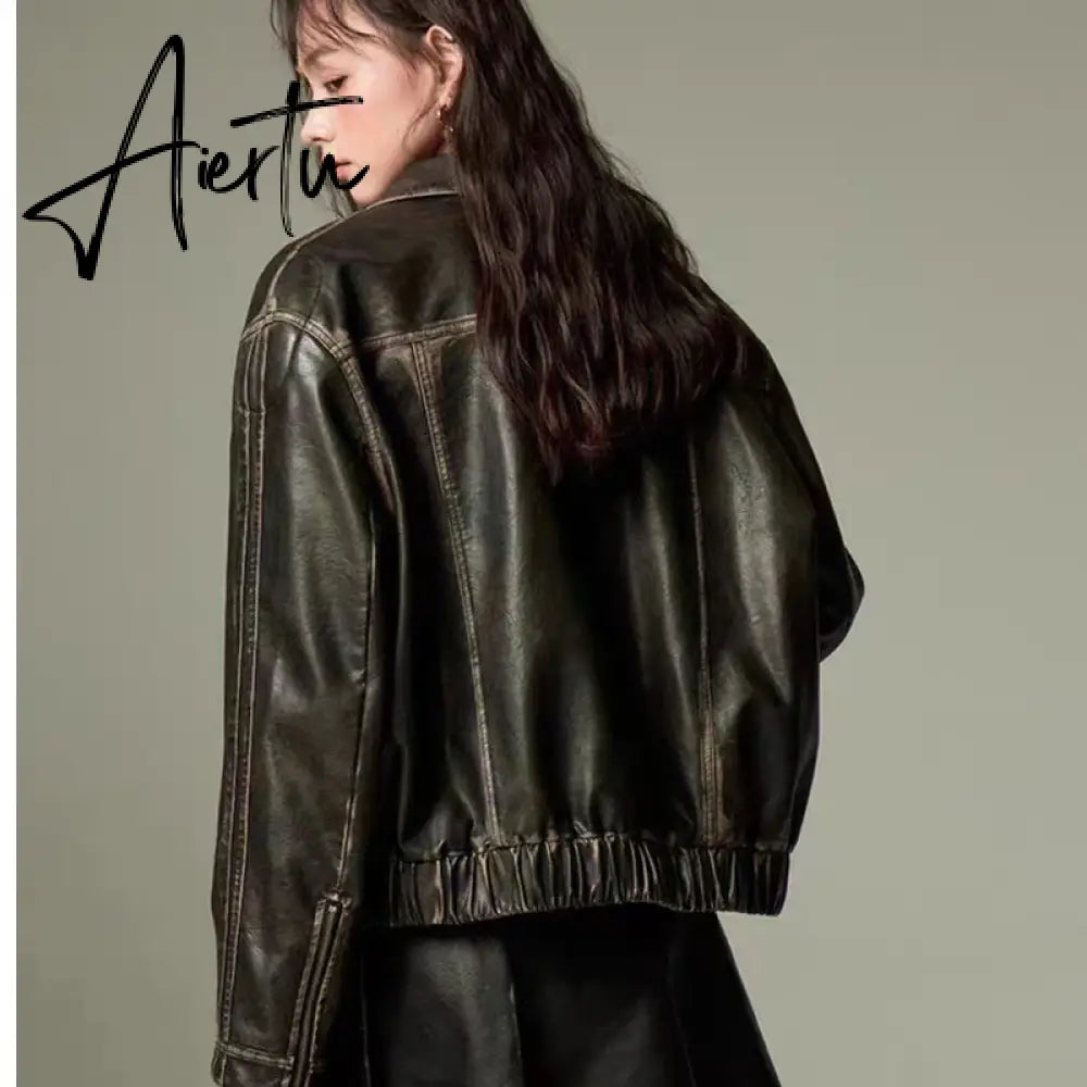 Leather jackets Bow embroidery black bomber women racing winter Korean fashion Jacket vintage Outerwear coats outwear y2k Aiertu
