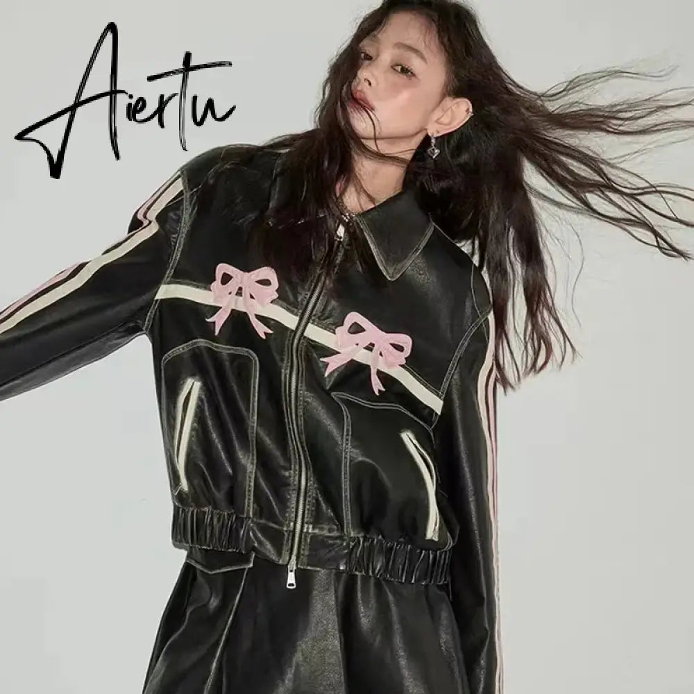 Leather jackets Bow embroidery black bomber women racing winter Korean fashion Jacket vintage Outerwear coats outwear y2k Aiertu