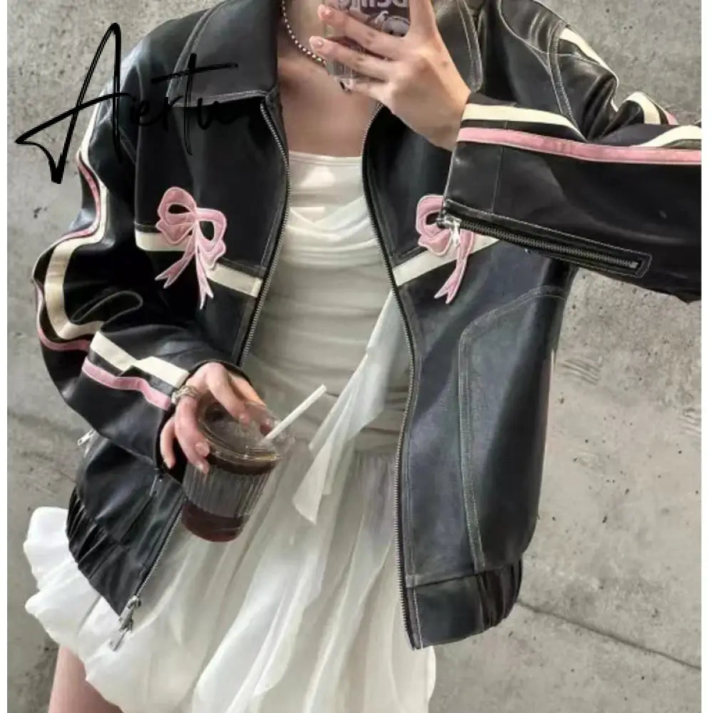 Leather jackets Bow embroidery black bomber women racing winter Korean fashion Jacket vintage Outerwear coats outwear y2k Aiertu
