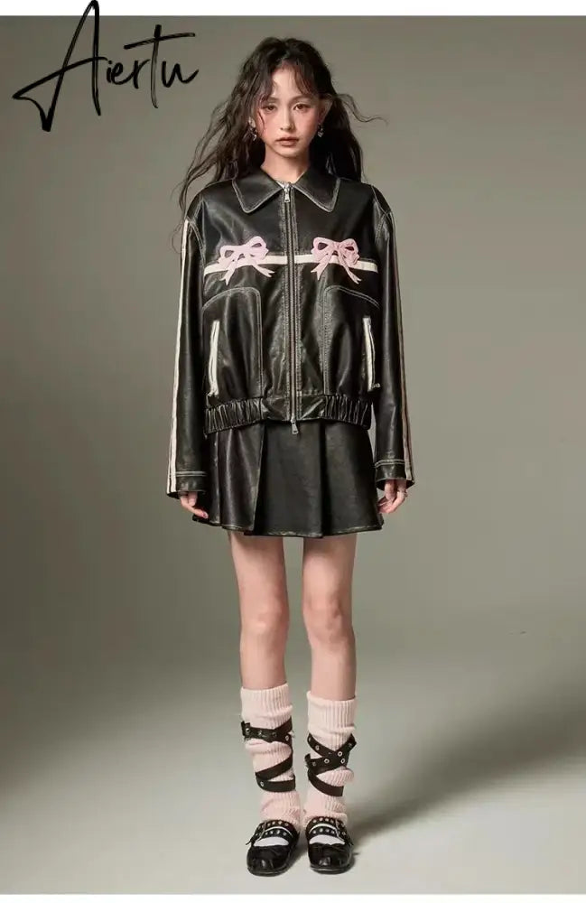 Leather jackets Bow embroidery black bomber women racing winter Korean fashion Jacket vintage Outerwear coats outwear y2k Aiertu