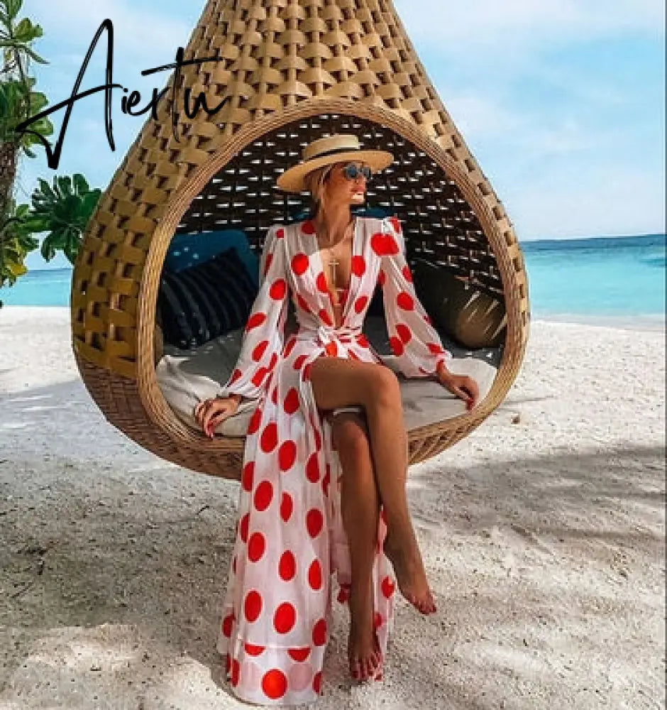 Leaves Print Bikini Beach Cover up Tunics for Beach Long Kaftan Bikini Cover up Robe de Plage Sarong Beach Swimsuit cover-ups Aiertu