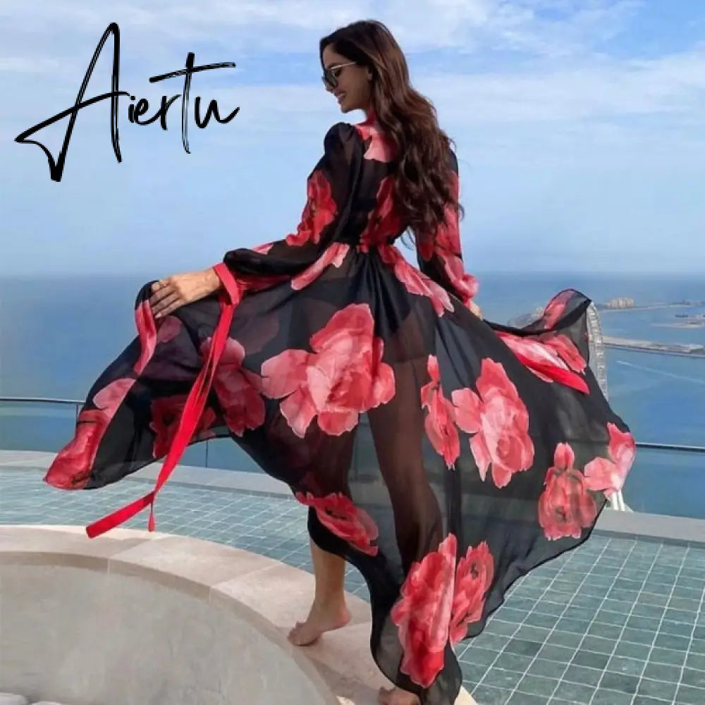 Leaves Print Bikini Beach Cover up Tunics for Beach Long Kaftan Bikini Cover up Robe de Plage Sarong Beach Swimsuit cover-ups Aiertu