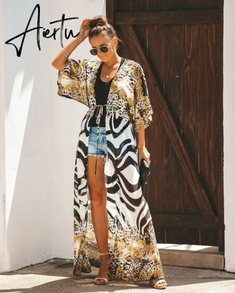 Leaves Print Bikini Beach Cover up Tunics for Beach Long Kaftan Bikini Cover up Robe de Plage Sarong Beach Swimsuit cover-ups Aiertu