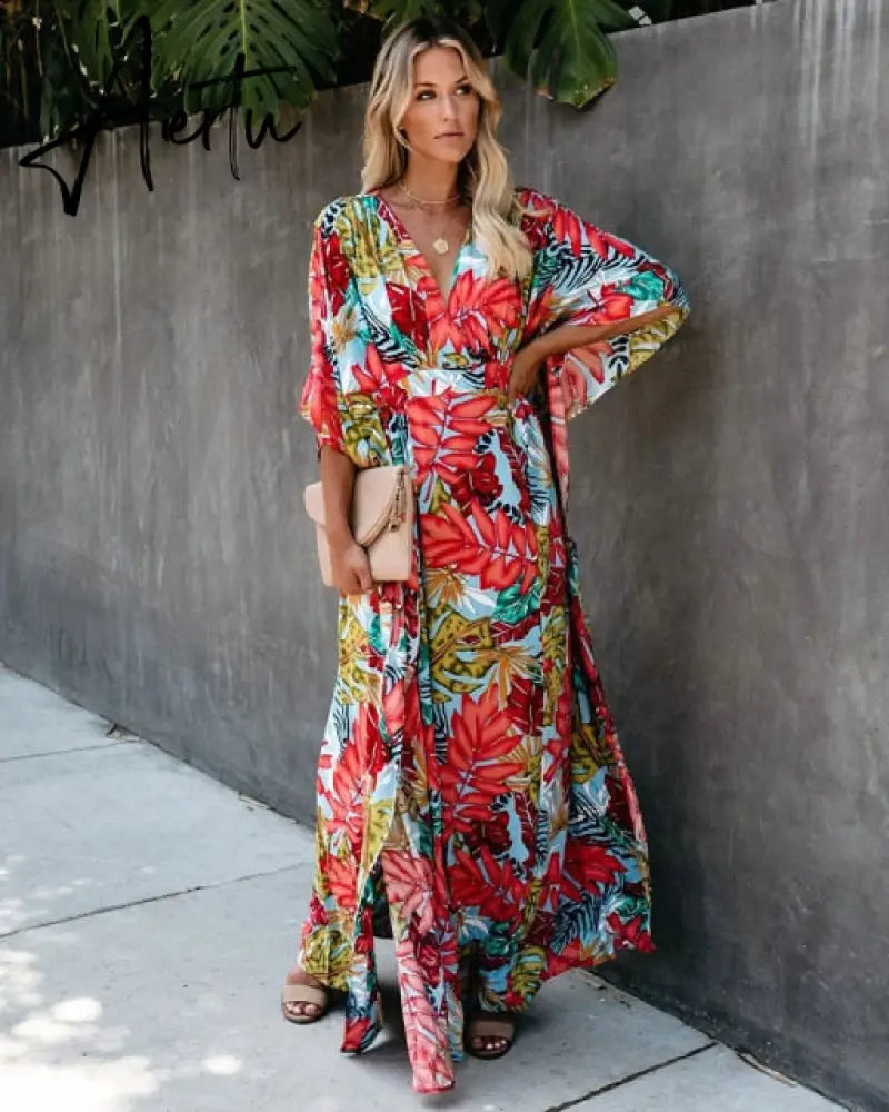 Leaves Print Bikini Beach Cover up Tunics for Beach Long Kaftan Bikini Cover up Robe de Plage Sarong Beach Swimsuit cover-ups Aiertu