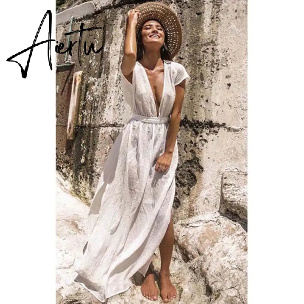 Leaves Print Bikini Beach Cover up Tunics for Beach Long Kaftan Bikini Cover up Robe de Plage Sarong Beach Swimsuit cover-ups Aiertu