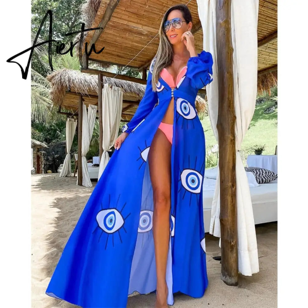 Leaves Print Bikini Beach Cover up Tunics for Beach Long Kaftan Bikini Cover up Robe de Plage Sarong Beach Swimsuit cover-ups Aiertu