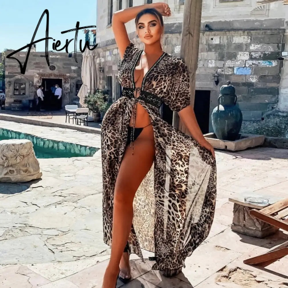 Leaves Print Bikini Beach Cover up Tunics for Beach Long Kaftan Bikini Cover up Robe de Plage Sarong Beach Swimsuit cover-ups Aiertu