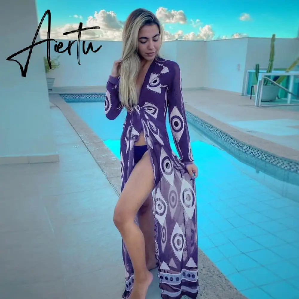 Leaves Print Bikini Beach Cover up Tunics for Beach Long Kaftan Bikini Cover up Robe de Plage Sarong Beach Swimsuit cover-ups Aiertu