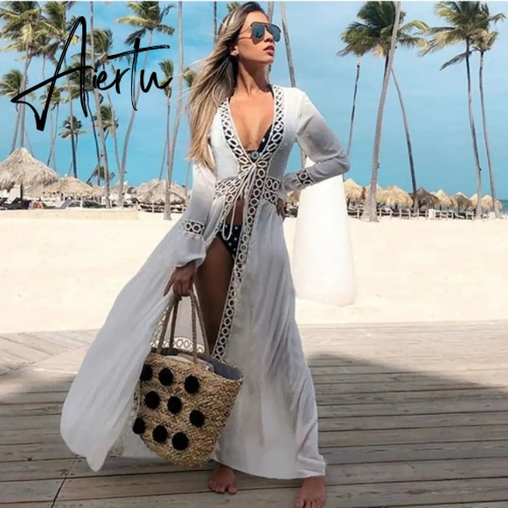 Leaves Print Bikini Beach Cover up Tunics for Beach Long Kaftan Bikini Cover up Robe de Plage Sarong Beach Swimsuit cover-ups Aiertu
