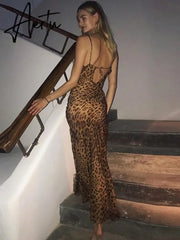 Leopard Print V-Neck Sexy Bodycon Long Dress Women Lace Up Backless Summer Dresses Female Straps Party Beach Vestidos Aiertu