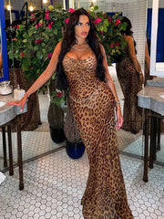 Leopard Print V-Neck Sexy Bodycon Long Dress Women Lace Up Backless Summer Dresses Female Straps Party Beach Vestidos Aiertu