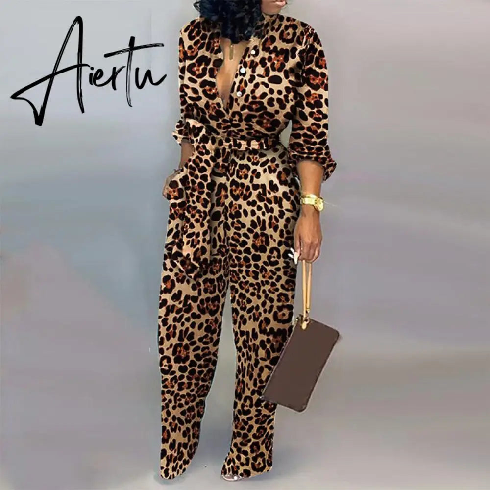 Leopard Tied Waist Long Sleeve Jumpsuit Women Rompers Fashion One Piece Overalls Casual Jumpsuits Streetwear Dropshipping Aiertu