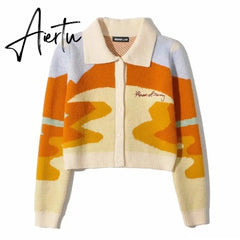 Letter Embroidery Harajuku Knitted Single Breasted Cropped Cardigan Women Autumn Long Sleeve Turn Down Collar Sweater Coat Aiertu