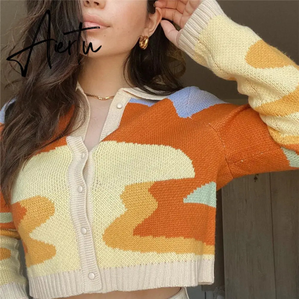 Letter Embroidery Harajuku Knitted Single Breasted Cropped Cardigan Women Autumn Long Sleeve Turn Down Collar Sweater Coat Aiertu