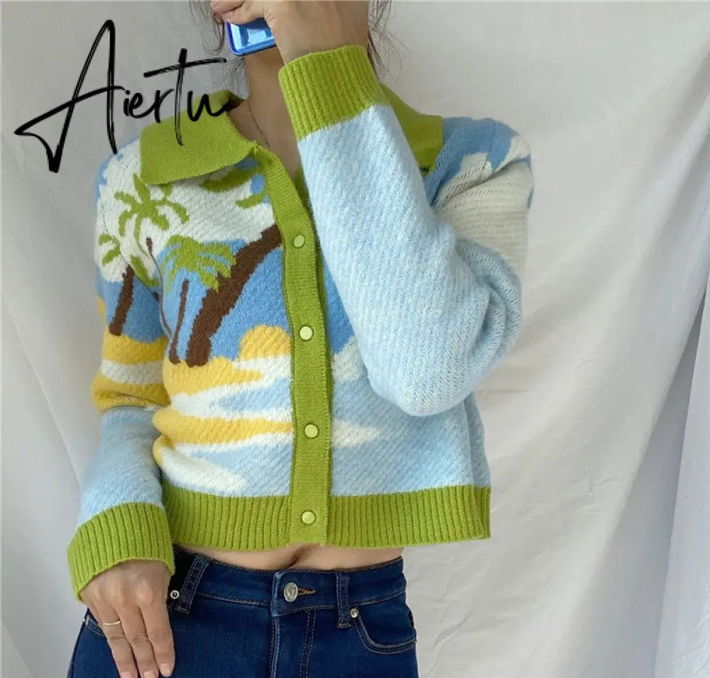 Letter Embroidery Harajuku Knitted Single Breasted Cropped Cardigan Women Autumn Long Sleeve Turn Down Collar Sweater Coat Aiertu