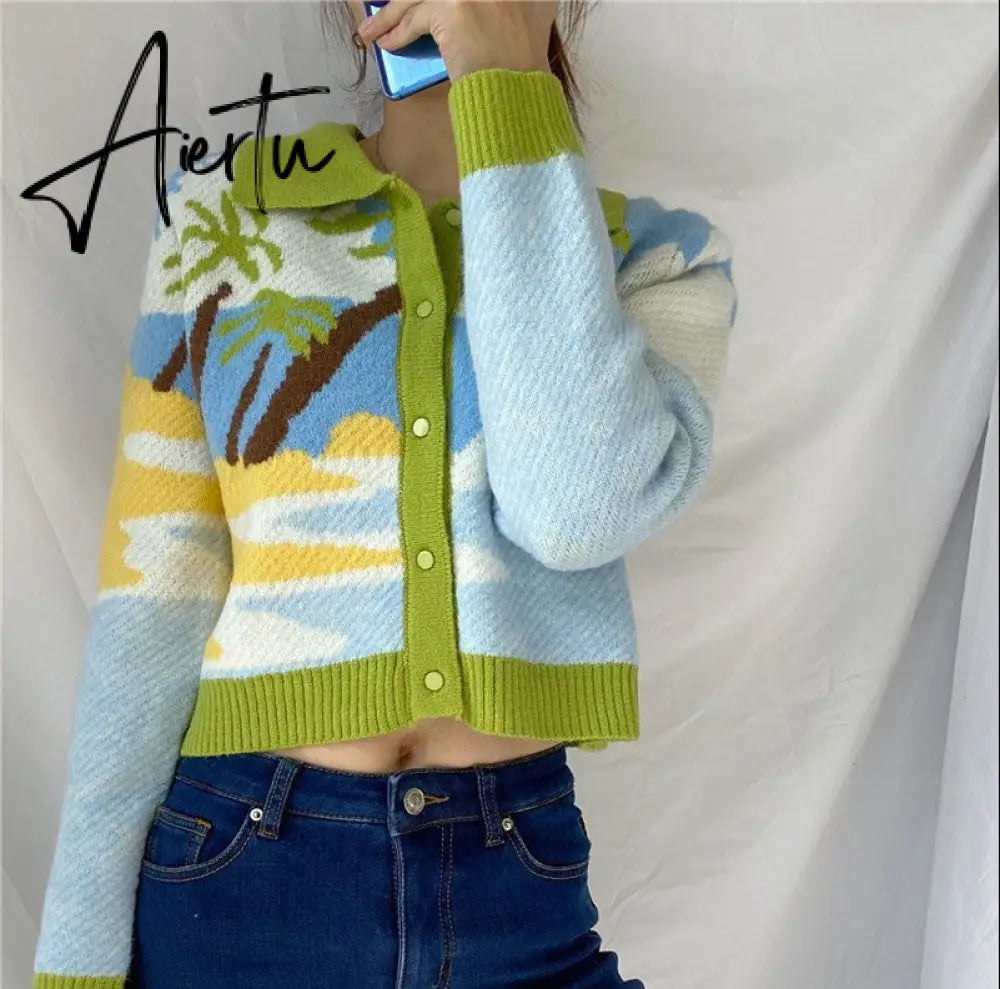 Letter Embroidery Harajuku Knitted Single Breasted Cropped Cardigan Women Autumn Long Sleeve Turn Down Collar Sweater Coat Aiertu