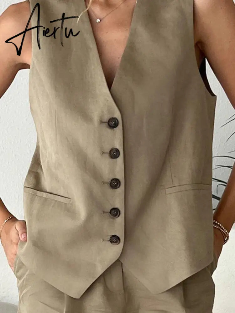 Linen V-neck Vest High Waist Shorts Sets Single Breasted Sleeveless Blazer Shorts 2 Pcs Set Women Fashion Commuter Suits Aiertu