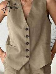 Linen V-neck Vest High Waist Shorts Sets Single Breasted Sleeveless Blazer Shorts 2 Pcs Set Women Fashion Commuter Suits Aiertu