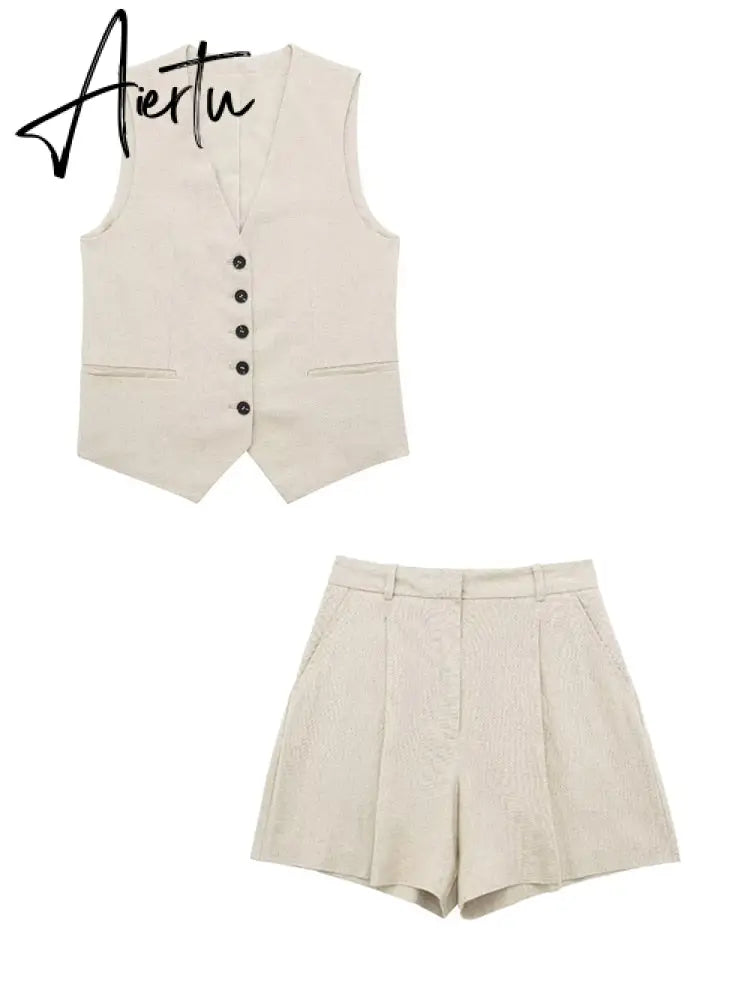 Linen V-neck Vest High Waist Shorts Sets Single Breasted Sleeveless Blazer Shorts 2 Pcs Set Women Fashion Commuter Suits Aiertu