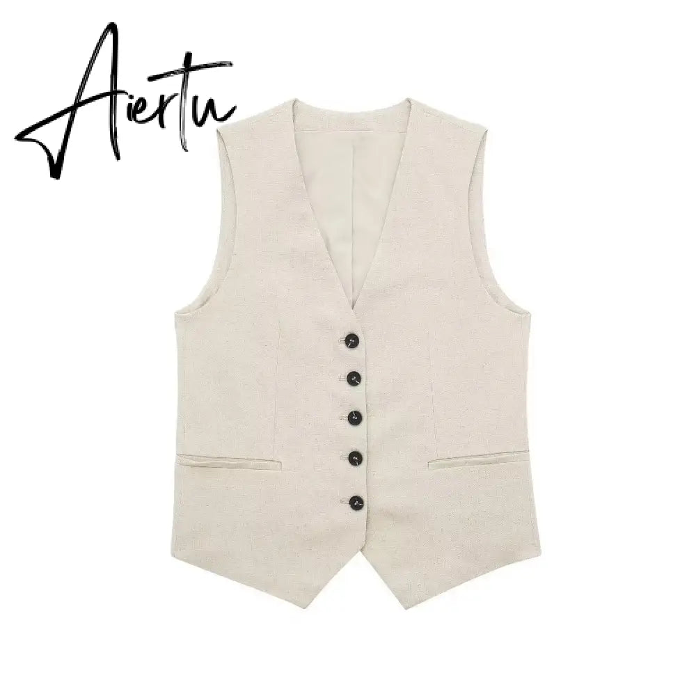 Linen V-neck Vest High Waist Shorts Sets Single Breasted Sleeveless Blazer Shorts 2 Pcs Set Women Fashion Commuter Suits Aiertu