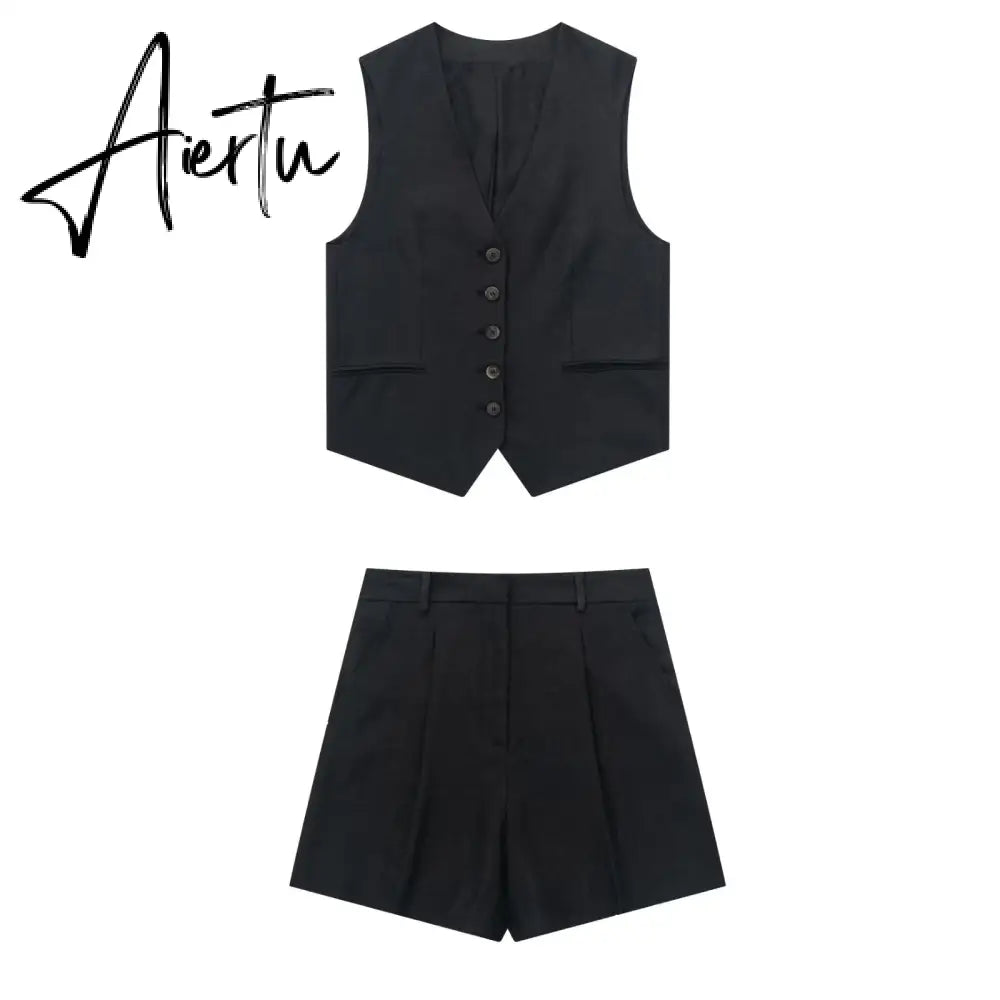 Linen V-neck Vest High Waist Shorts Sets Single Breasted Sleeveless Blazer Shorts 2 Pcs Set Women Fashion Commuter Suits Aiertu