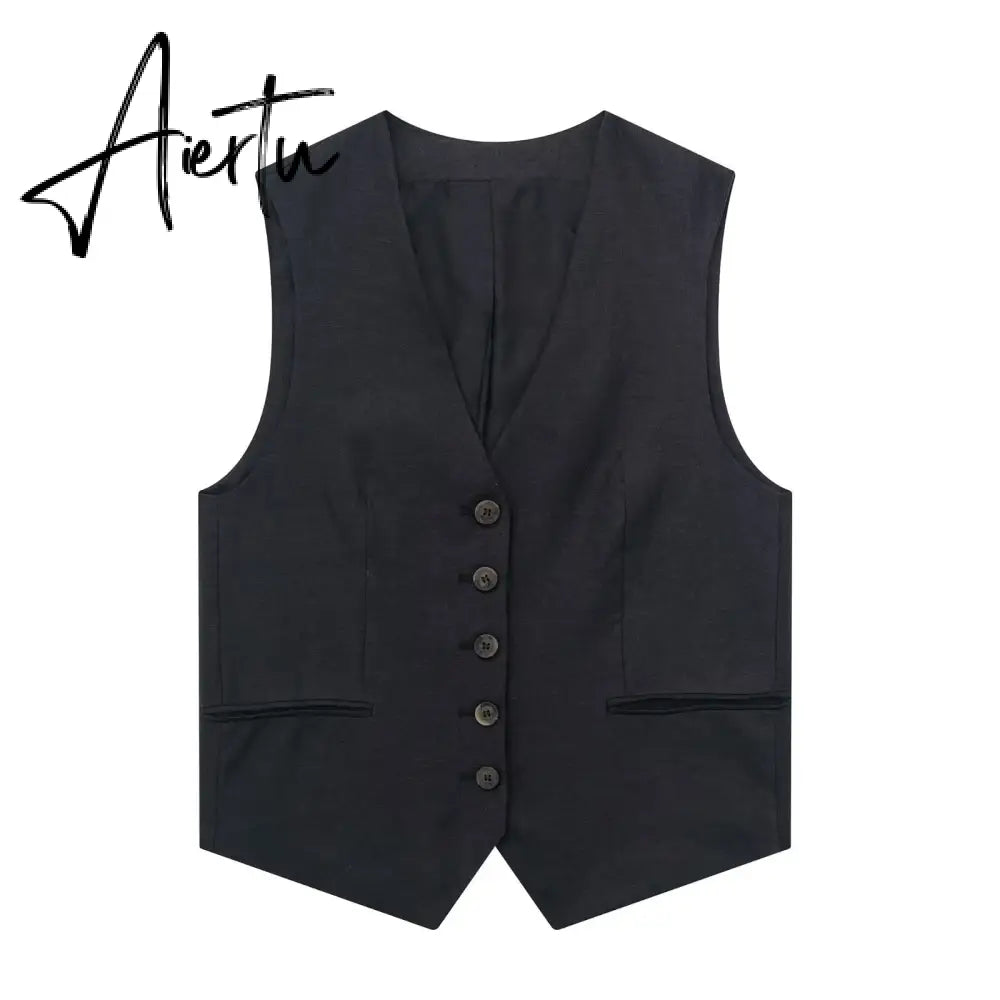 Linen V-neck Vest High Waist Shorts Sets Single Breasted Sleeveless Blazer Shorts 2 Pcs Set Women Fashion Commuter Suits Aiertu