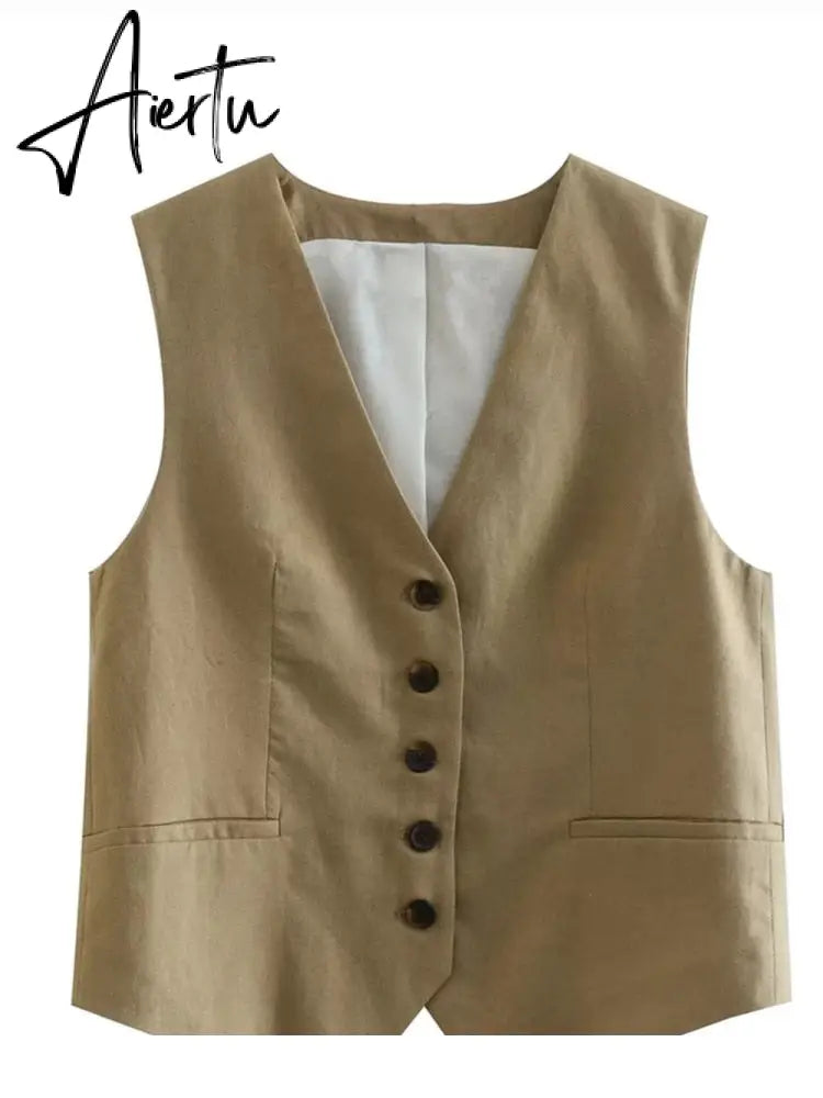 Linen V-neck Vest High Waist Shorts Sets Single Breasted Sleeveless Blazer Shorts 2 Pcs Set Women Fashion Commuter Suits Aiertu