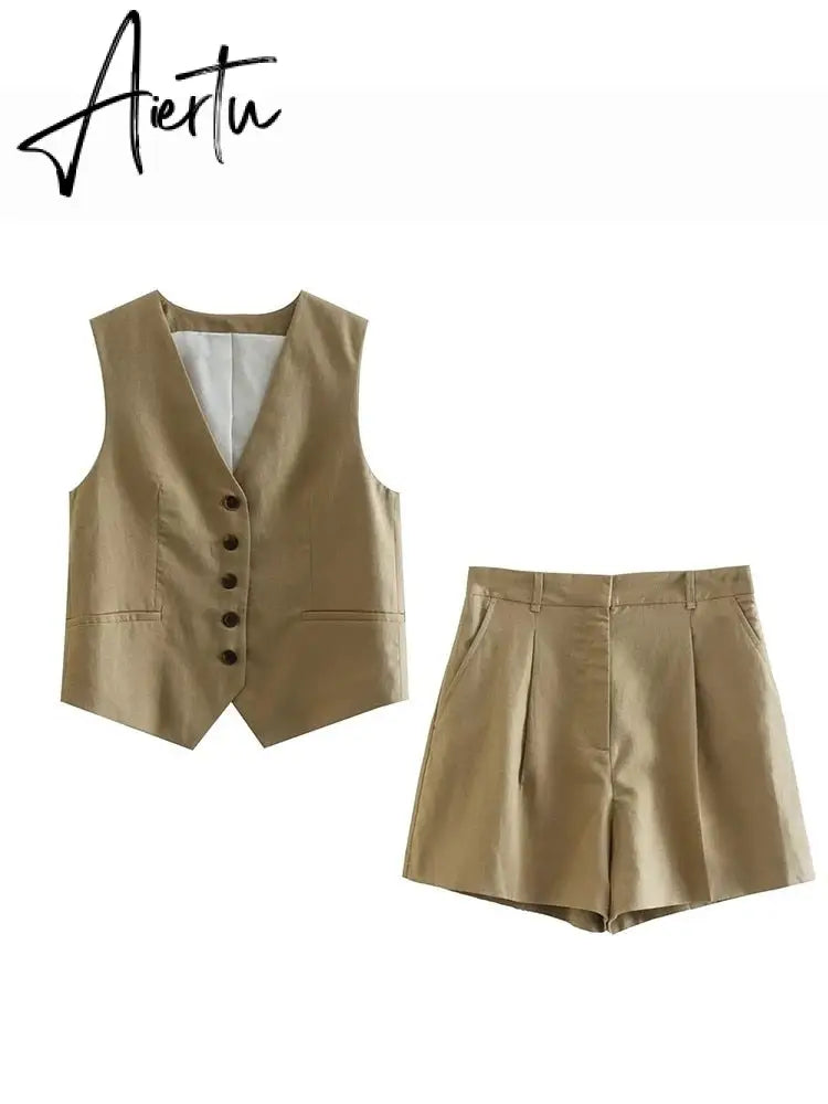 Linen V-neck Vest High Waist Shorts Sets Single Breasted Sleeveless Blazer Shorts 2 Pcs Set Women Fashion Commuter Suits Aiertu