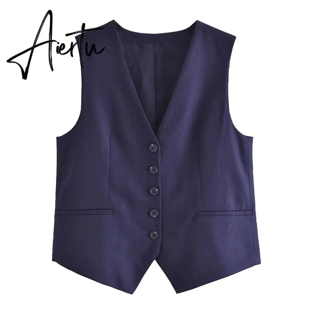 Linen V-neck Vest High Waist Shorts Sets Single Breasted Sleeveless Blazer Shorts 2 Pcs Set Women Fashion Commuter Suits Aiertu