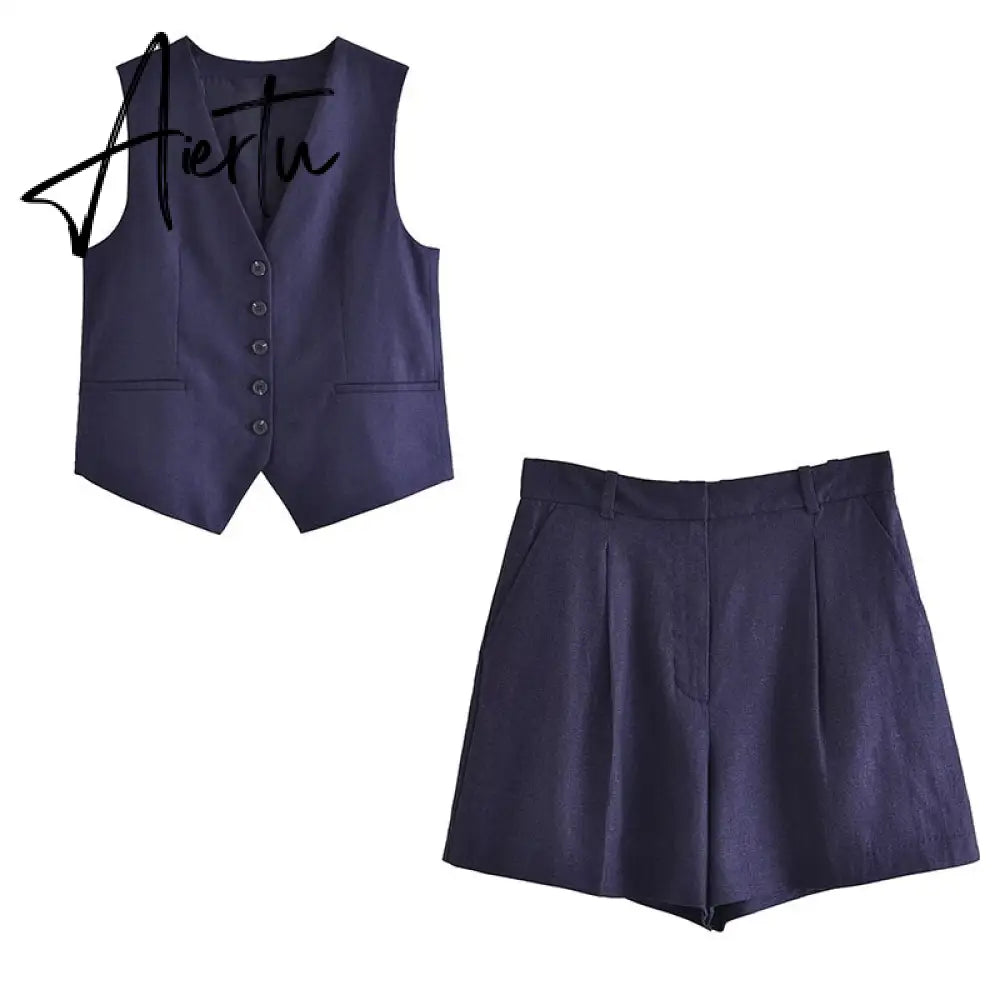 Linen V-neck Vest High Waist Shorts Sets Single Breasted Sleeveless Blazer Shorts 2 Pcs Set Women Fashion Commuter Suits Aiertu