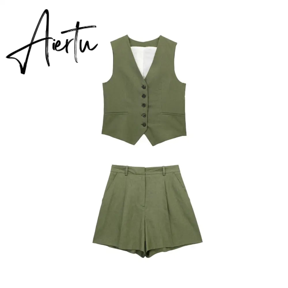 Linen V-neck Vest High Waist Shorts Sets Single Breasted Sleeveless Blazer Shorts 2 Pcs Set Women Fashion Commuter Suits Aiertu