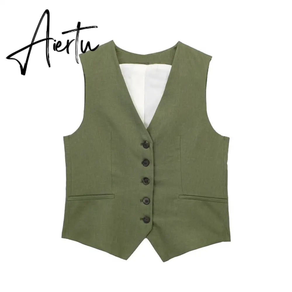 Linen V-neck Vest High Waist Shorts Sets Single Breasted Sleeveless Blazer Shorts 2 Pcs Set Women Fashion Commuter Suits Aiertu