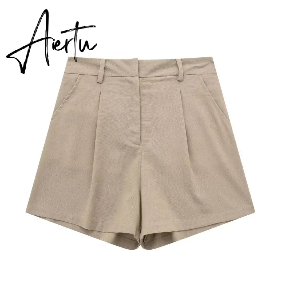 Linen V-neck Vest High Waist Shorts Sets Single Breasted Sleeveless Blazer Shorts 2 Pcs Set Women Fashion Commuter Suits Aiertu