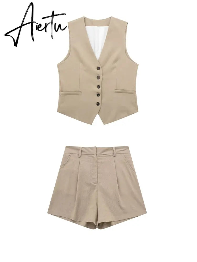 Linen V-neck Vest High Waist Shorts Sets Single Breasted Sleeveless Blazer Shorts 2 Pcs Set Women Fashion Commuter Suits Aiertu