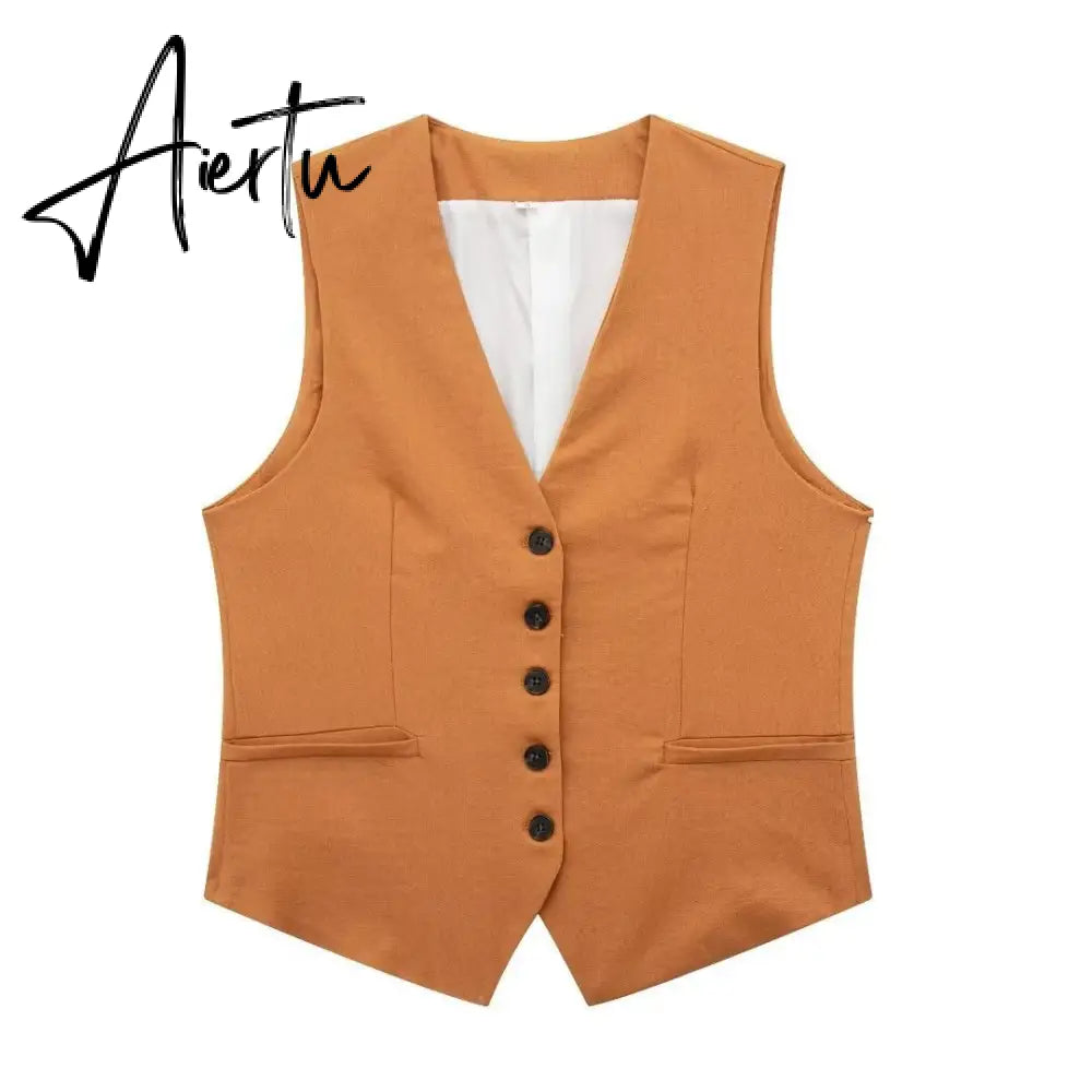 Linen V-neck Vest High Waist Shorts Sets Single Breasted Sleeveless Blazer Shorts 2 Pcs Set Women Fashion Commuter Suits Aiertu