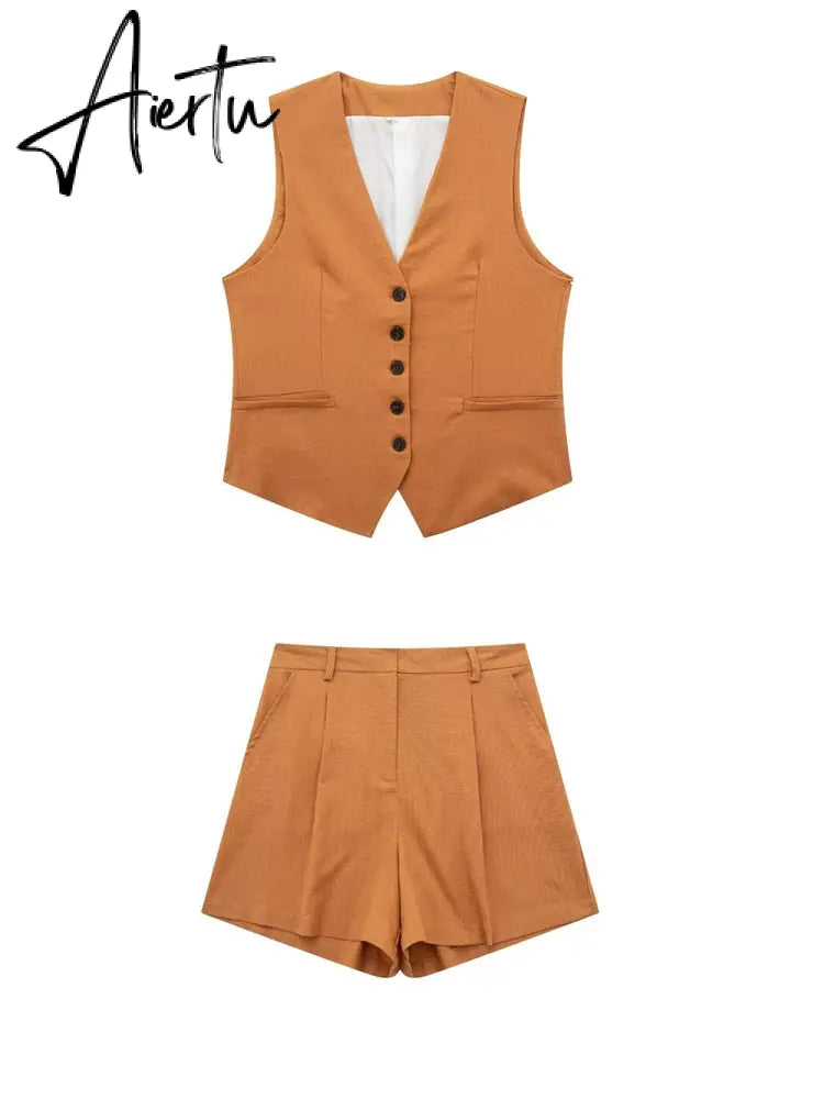 Linen V-neck Vest High Waist Shorts Sets Single Breasted Sleeveless Blazer Shorts 2 Pcs Set Women Fashion Commuter Suits Aiertu