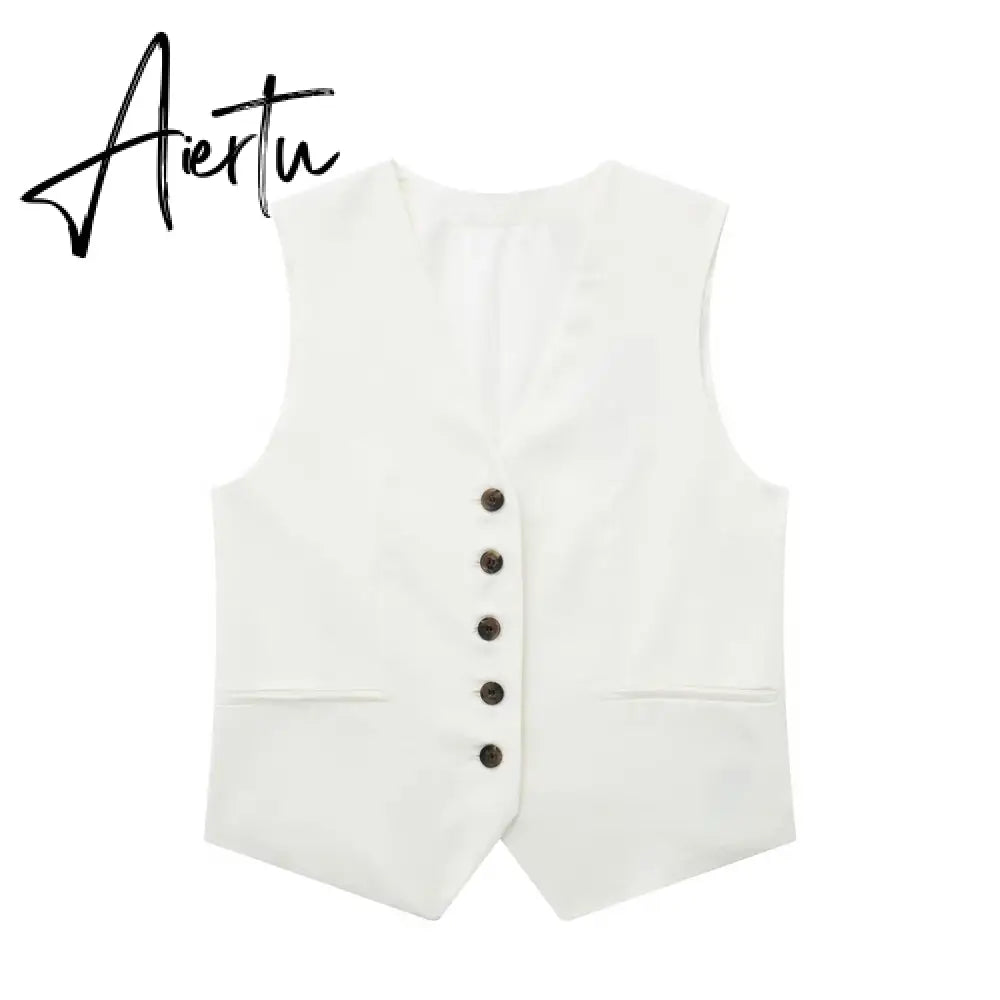 Linen V-neck Vest High Waist Shorts Sets Single Breasted Sleeveless Blazer Shorts 2 Pcs Set Women Fashion Commuter Suits Aiertu