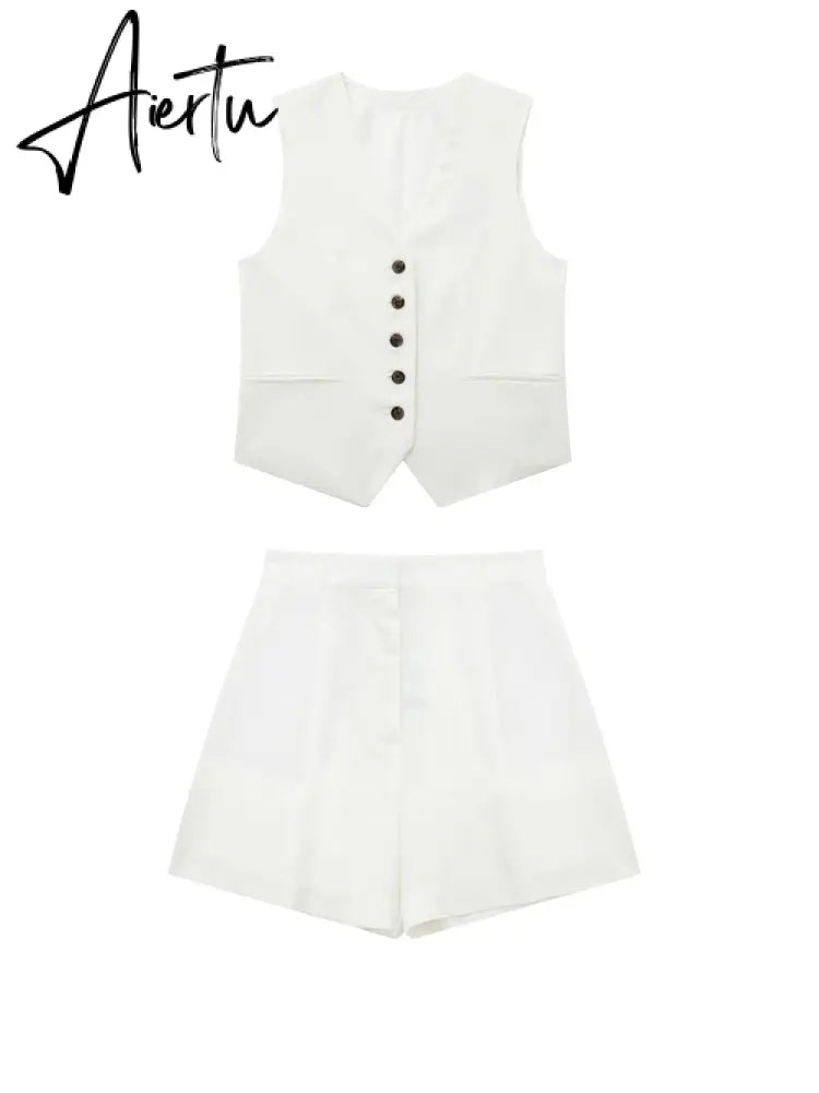 Linen V-neck Vest High Waist Shorts Sets Single Breasted Sleeveless Blazer Shorts 2 Pcs Set Women Fashion Commuter Suits Aiertu