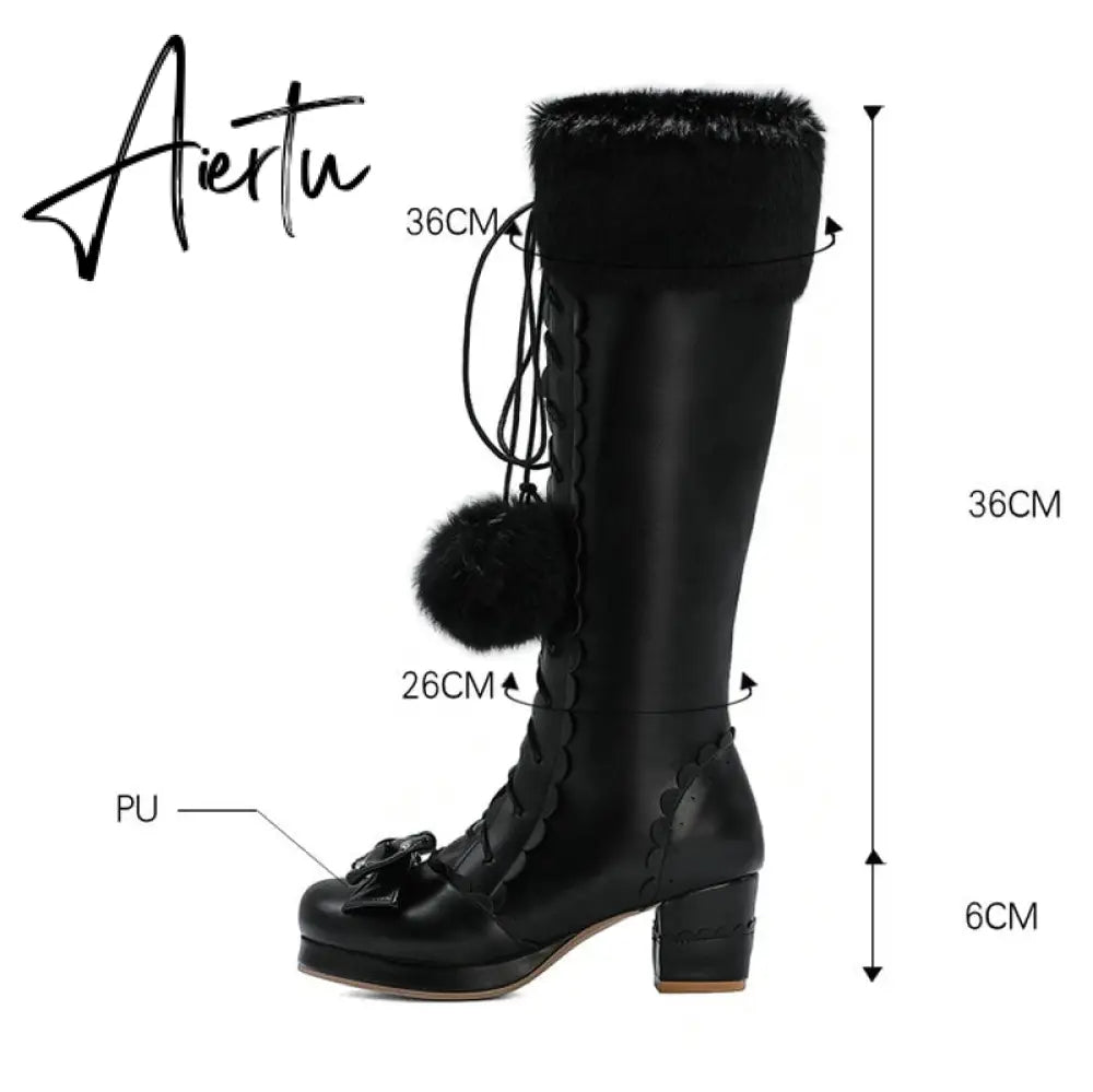 Lolita High Boots Winter Warm Fur Neck Girls Cosplay Party JK Princess Shoes Lace Up Bowtie Chunky Heel Side Zipper PU Leather Aiertu