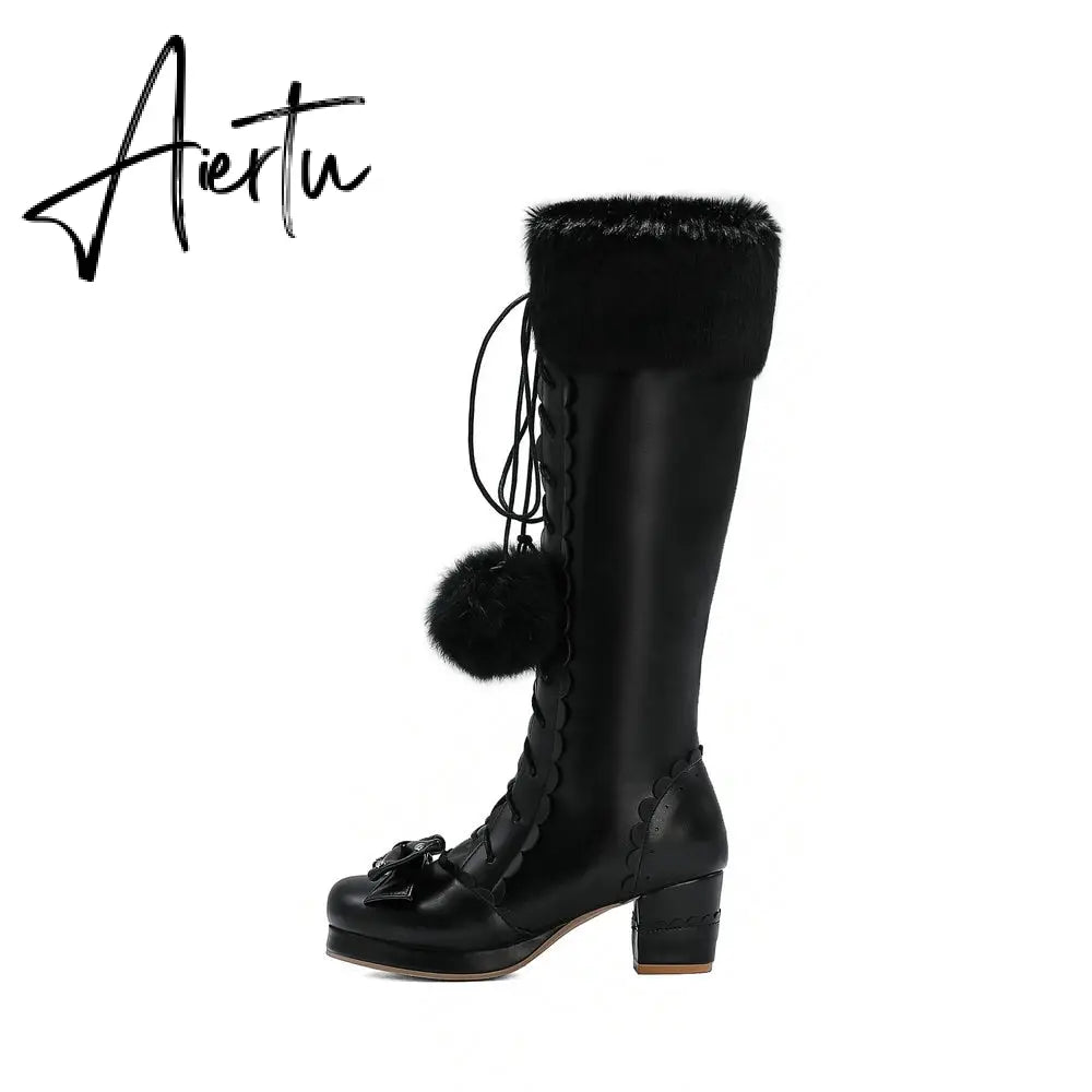 Lolita High Boots Winter Warm Fur Neck Girls Cosplay Party JK Princess Shoes Lace Up Bowtie Chunky Heel Side Zipper PU Leather Aiertu