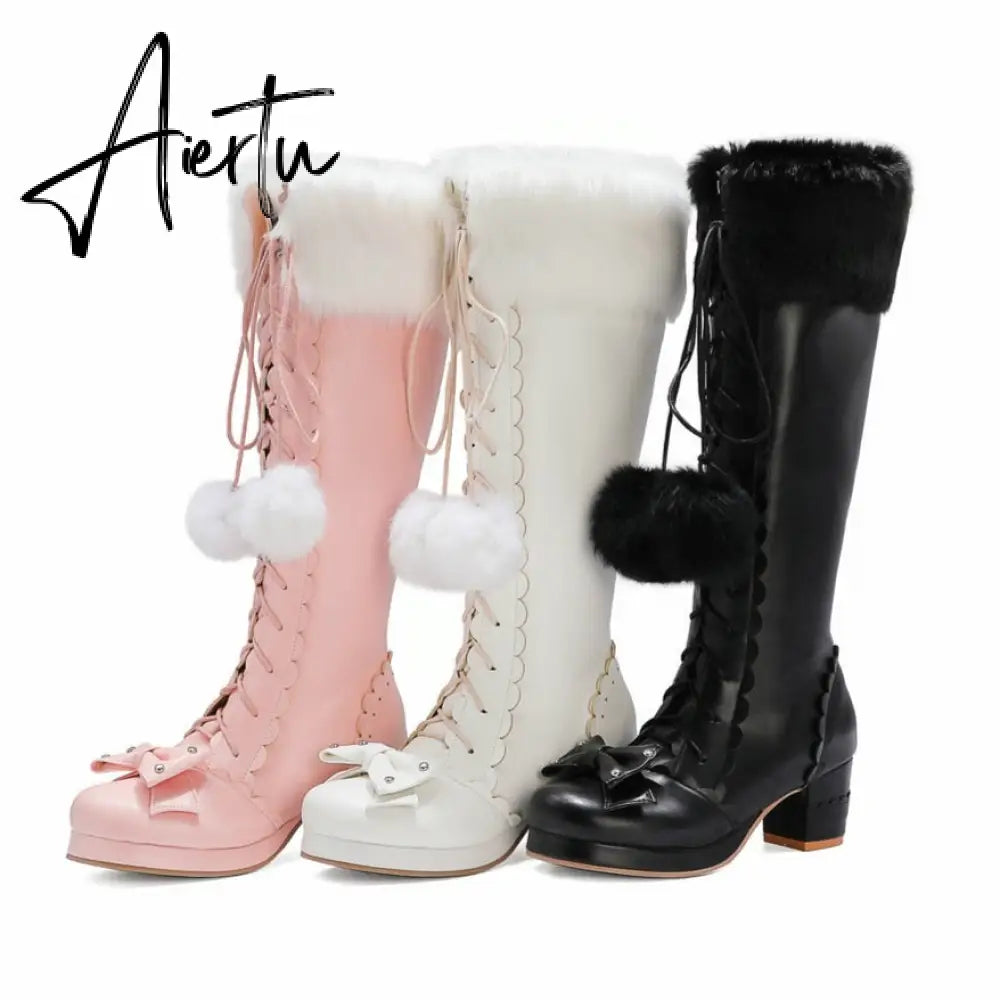 Lolita High Boots Winter Warm Fur Neck Girls Cosplay Party JK Princess Shoes Lace Up Bowtie Chunky Heel Side Zipper PU Leather Aiertu