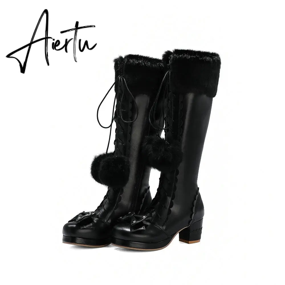 Lolita High Boots Winter Warm Fur Neck Girls Cosplay Party JK Princess Shoes Lace Up Bowtie Chunky Heel Side Zipper PU Leather Aiertu